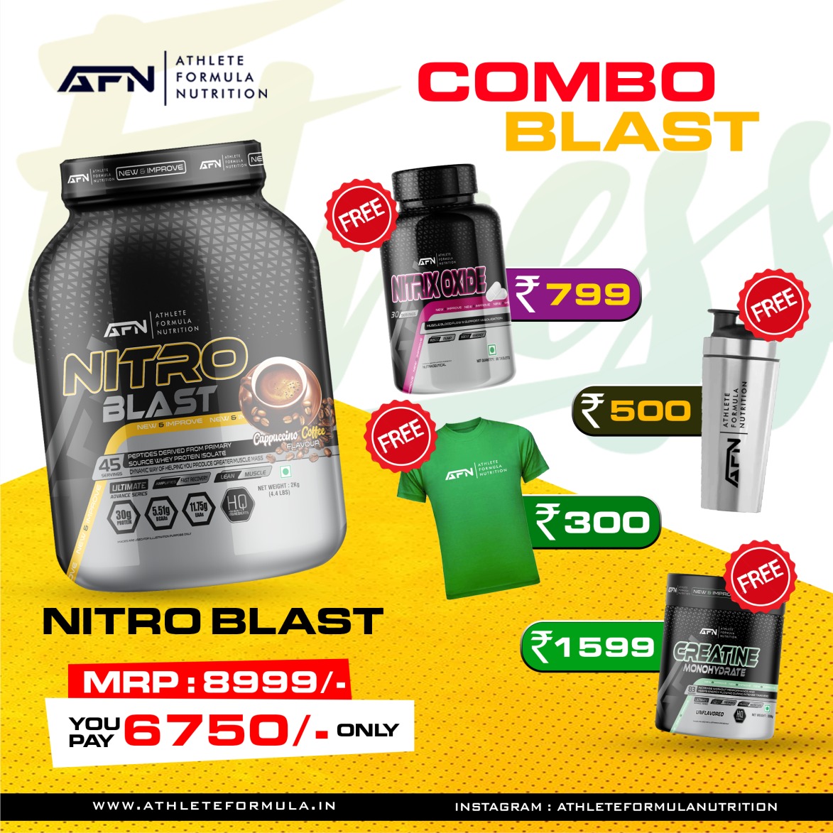Buy Nitro Blast Protein Get 4 Item Free Creatine + Nitrix + Creatine + Shaker & Tshirt & 25%discount